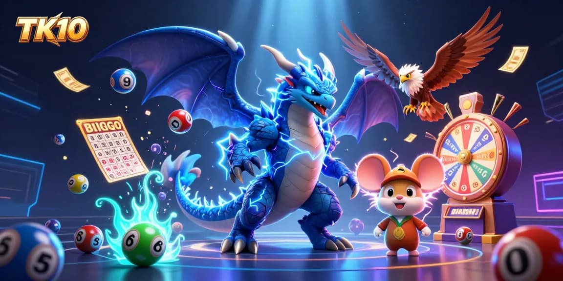 Engage with thrilling games at TK10, showcasing vibrant elements like colorful lottery balls, fishing game features, and exciting casino visuals.