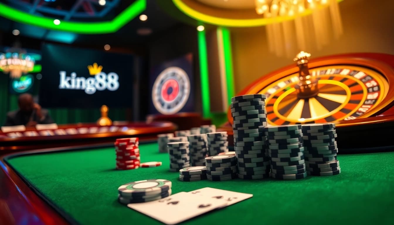 Players engaging at the king88 gaming table, with poker chips and cards, in an exciting casino atmosphere.