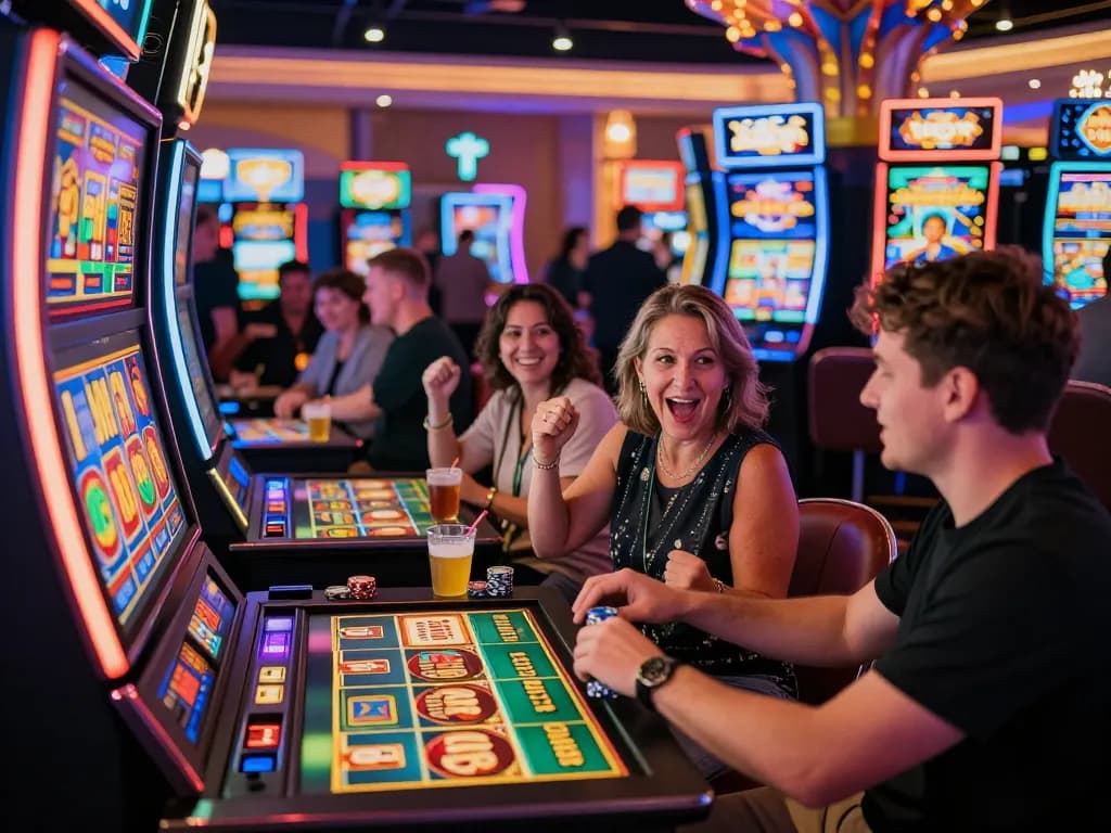 Lucky 88 slot machine in a vibrant casino with players celebrating a jackpot win, capturing the excitement of gaming.