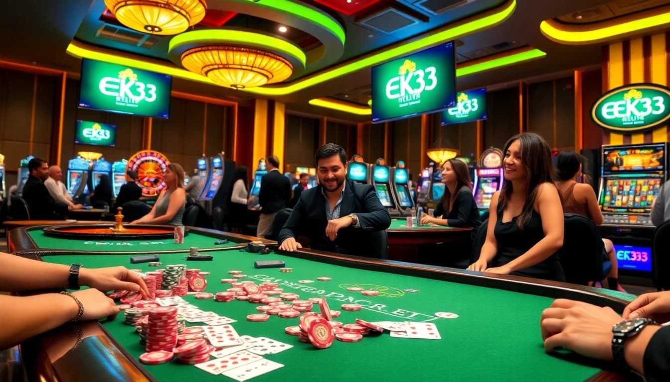 Experience high-stakes excitement at EK333's vibrant casino with poker tables and slot machines.