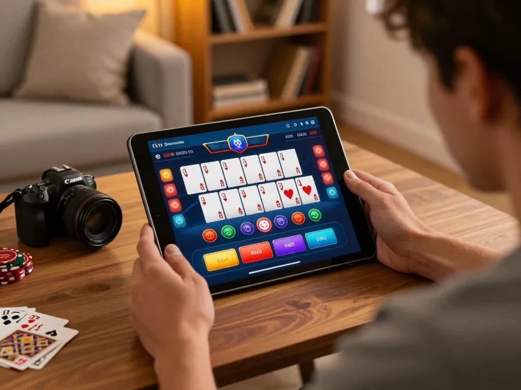 Player enjoying online baccarat on tablet at home, demonstrating strategic gameplay with kkwin.