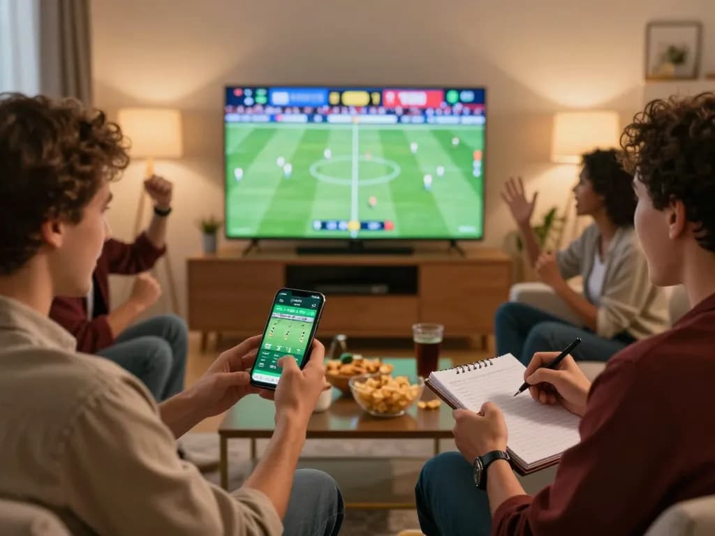 Soi kèo bóng đá trực tiếp from a lively sports betting setup at home, with friends celebrating live matches.
