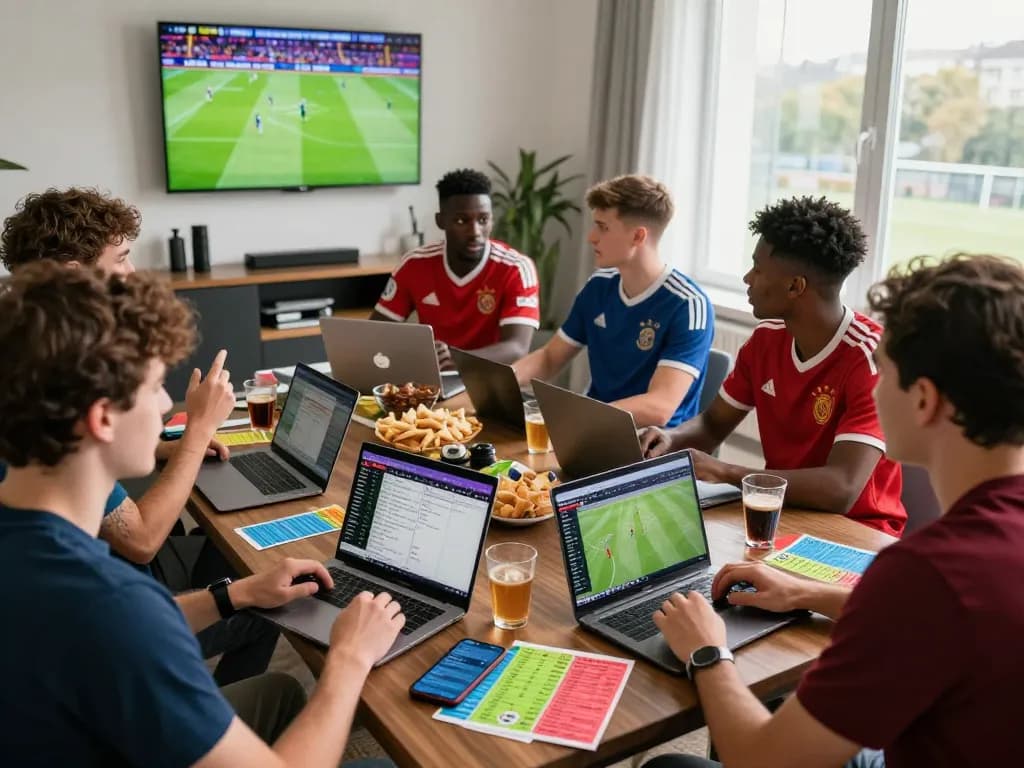 Friends engaging in kèo ngoại hạng anh betting while watching a live match, surrounded by snacks and jerseys.