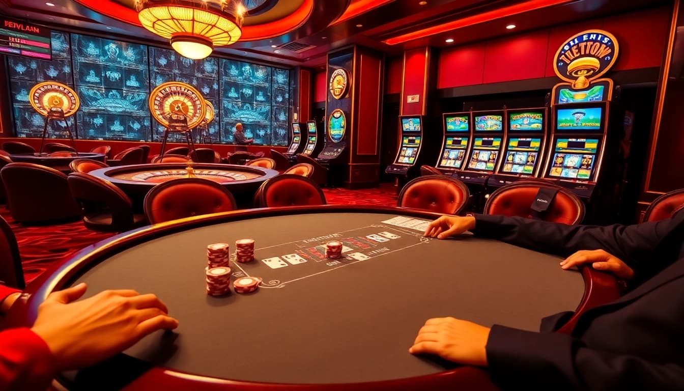 Experience exciting poker gameplay at bem88 with vibrant chips and cards in a luxurious casino setting.
