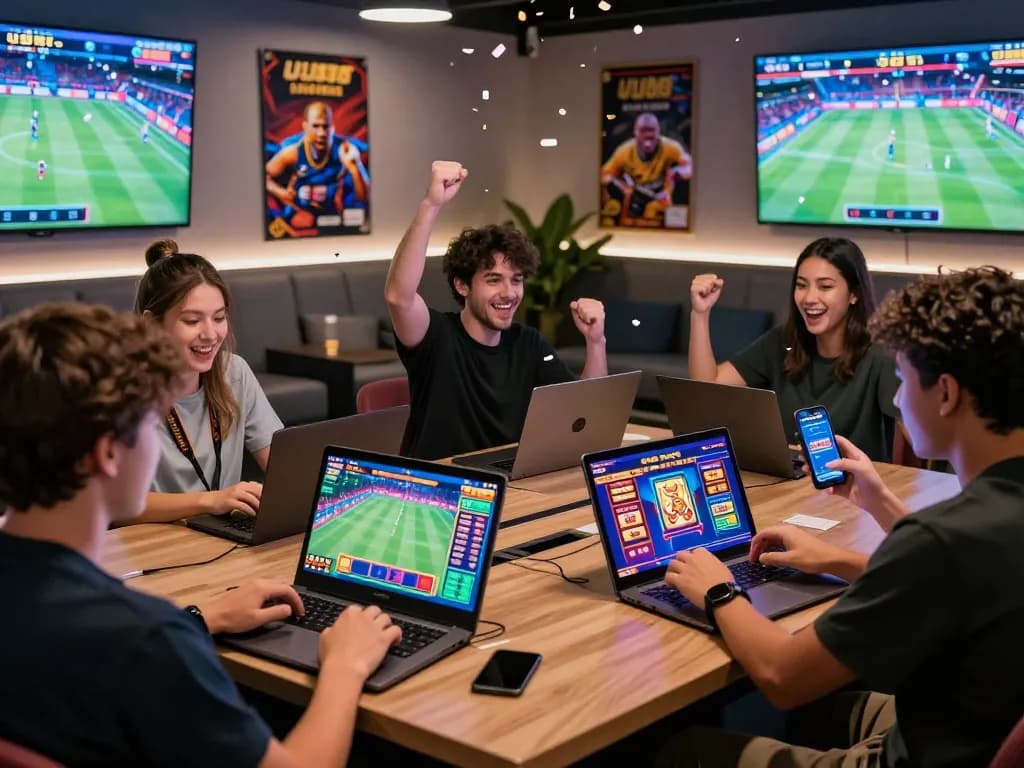 Players excitedly engaging with UU88 online betting platform on multiple devices in a festive gaming lounge.