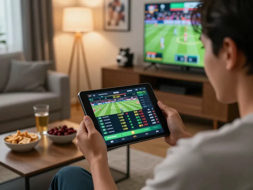 Person betting with bdtk66 app on sports in a cozy living room, showing exciting live odds.