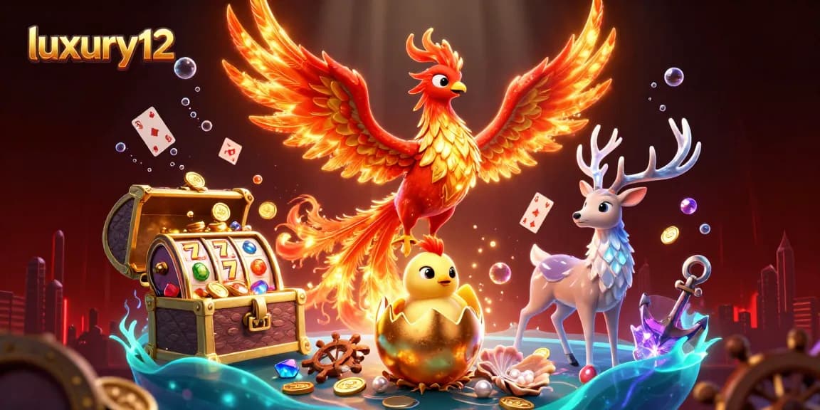 Ilustrasi 3D luxury12 menampilkan phoenix dan mesin slot, menggambarkan keseruan permainan kasino.