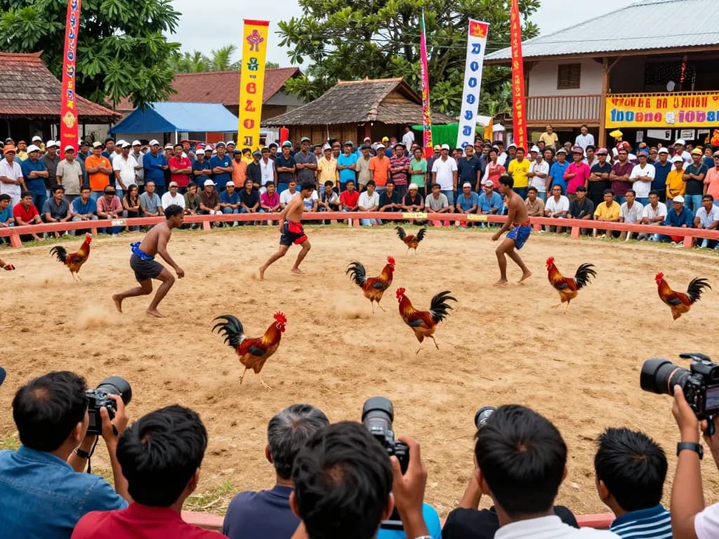 Khung cảnh đá gà thomo trực tiếp căng thẳng trong một đấu trường ngoài trời sôi động với đám đông cổ vũ