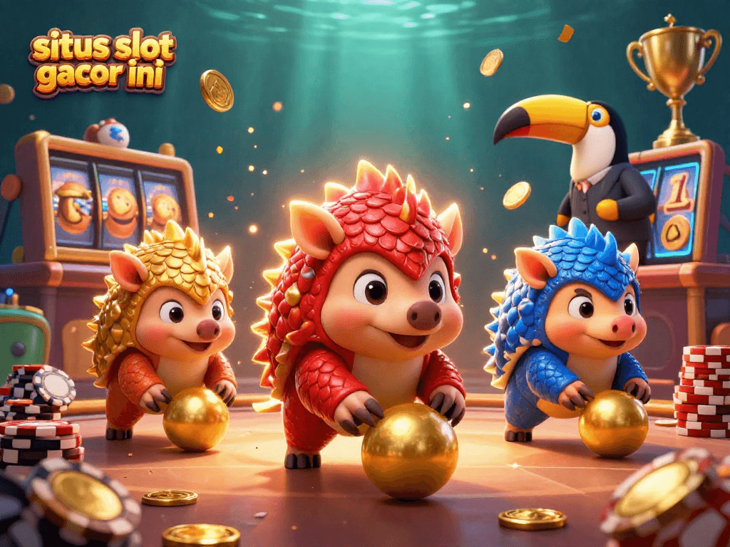 situs slot gacor hari ini showcases rival pangolins in 3D competition surrounded by casino elements.