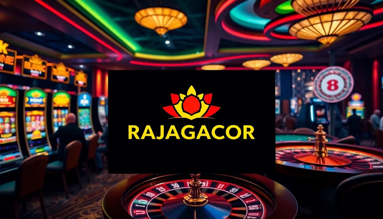 Experience the thrill of RAJAGACOR slots with vibrant casino visuals and excited players.