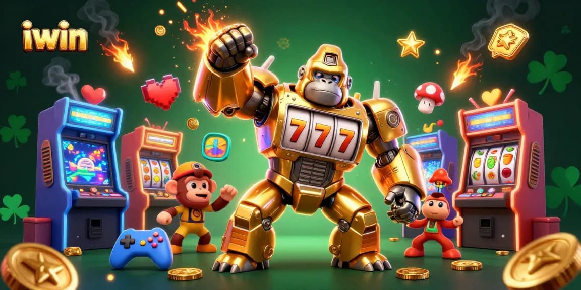 Engage with the thrilling iwin gaming experience featuring a golden mech and slot machines.