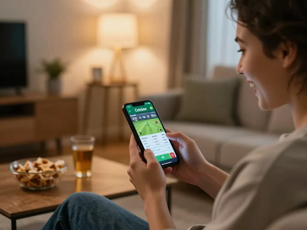 Engaging with Crickex mobile app for live cricket betting, showcasing home gaming experience