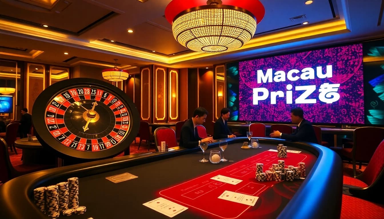 An engaging casino scene showcasing players at a baccarat table, capturing the excitement of the Macau Prize.