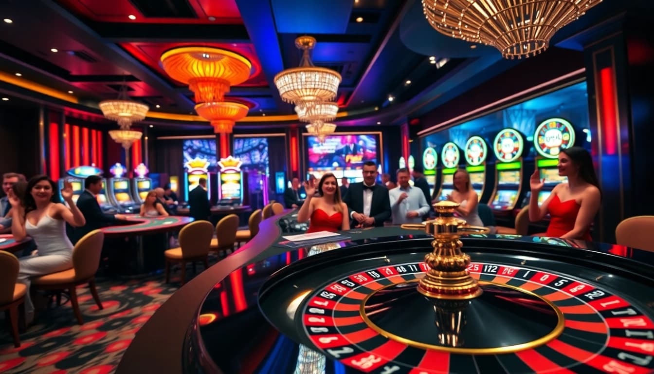 Experience the excitement of F8BET in a bustling casino scene, featuring roulette tables and vibrant slot machines.