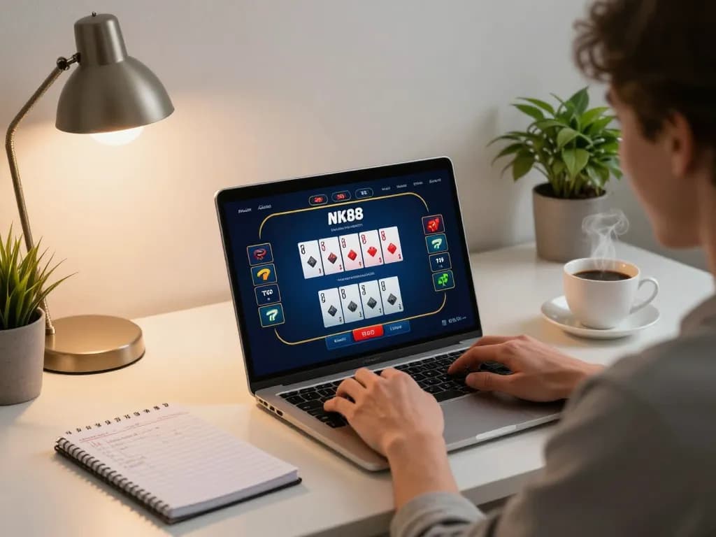 Engage in NK88 online casino gaming with an elegant home office setup featuring poker gameplay on laptop