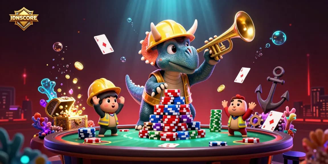Experience the excitement of IDNSCORE with poker chips and vibrant characters celebrating wins.