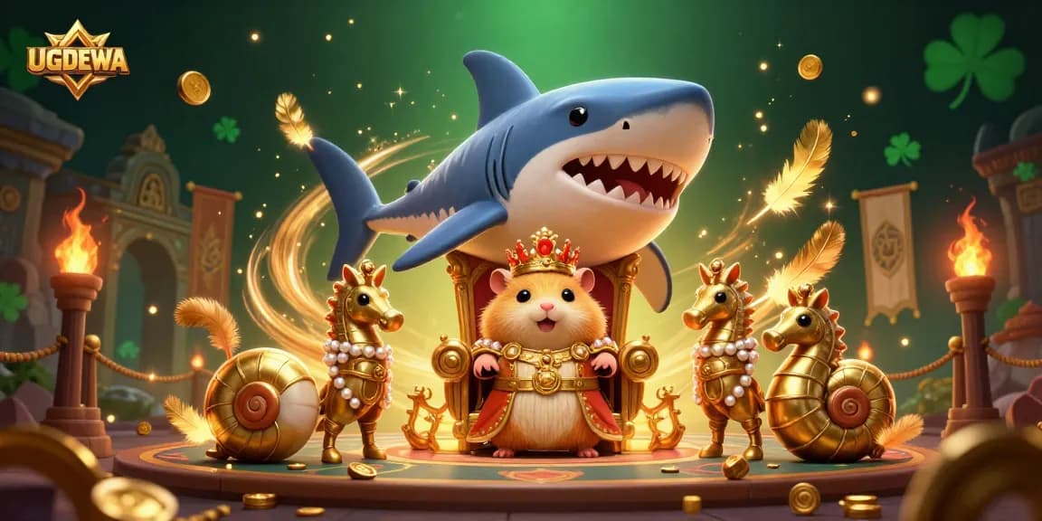 Engage with UGDEWA's vibrant gambling scene featuring a hamster king and royal guards in a dynamic casino setting.