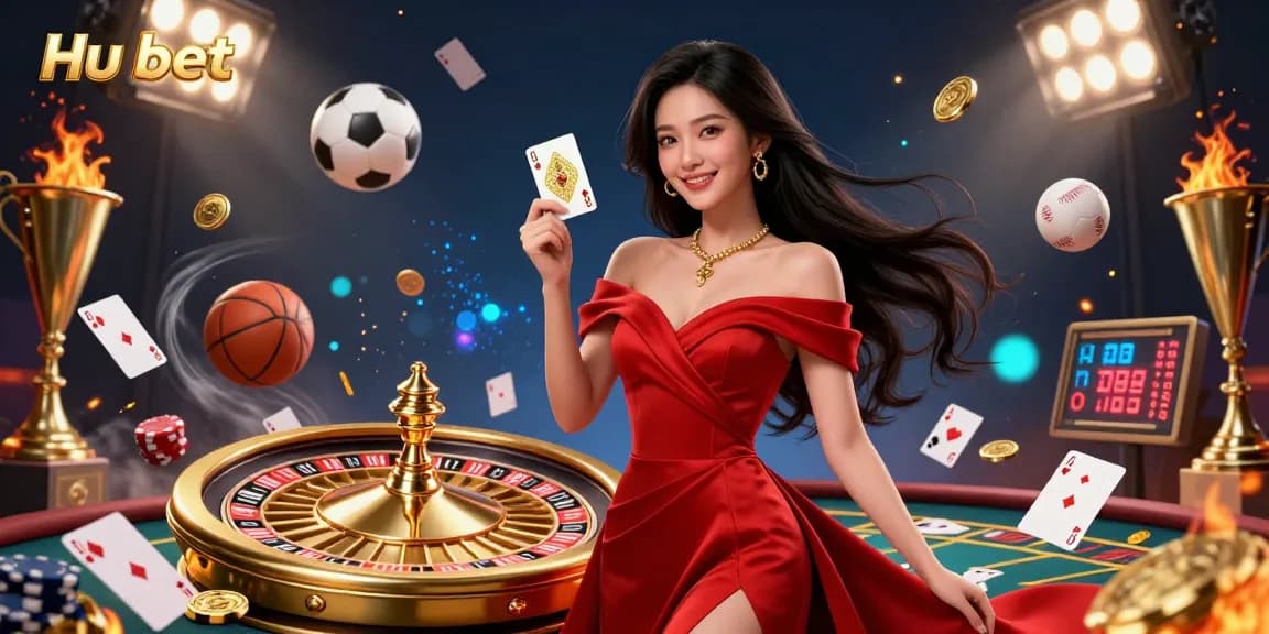 Engage with Hu bet at a luxurious casino featuring a stunning woman holding a golden playing card.