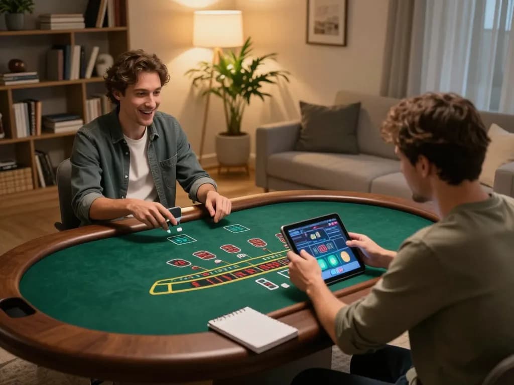 Play blackjack on KP88 tablet in cozy living room with strategies noted