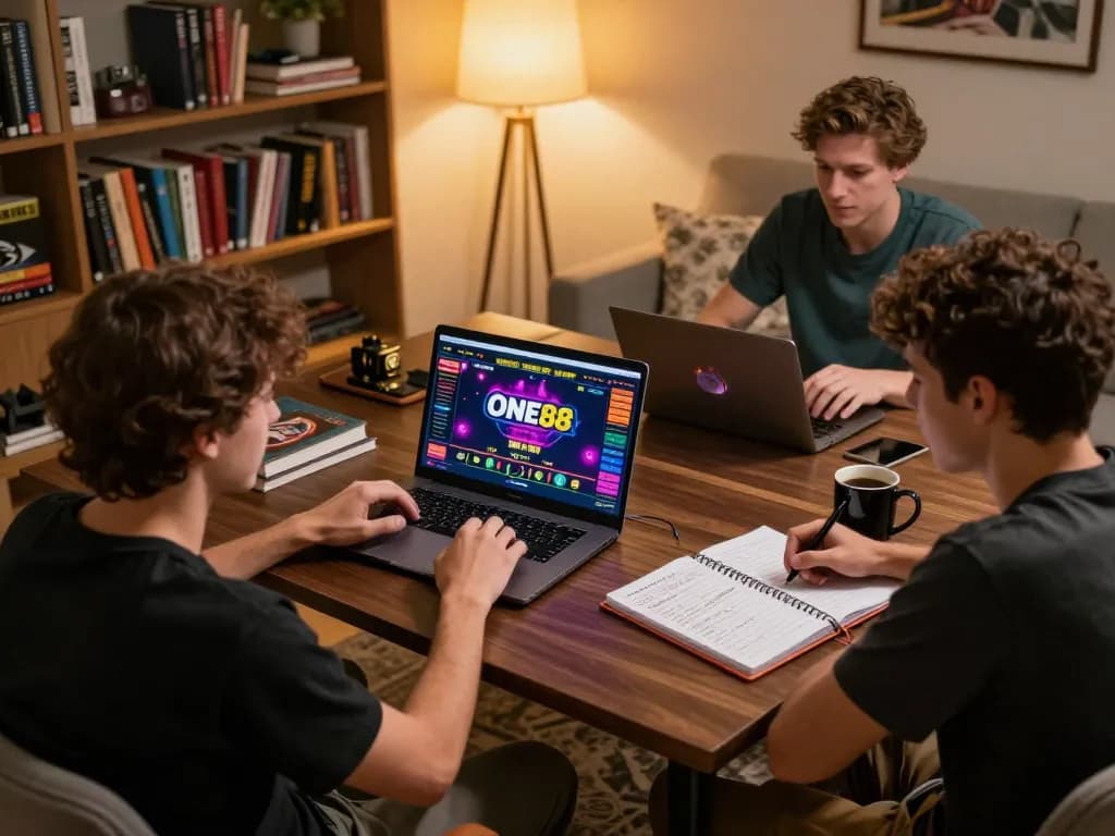 Online one88 gaming session with laptop gameplay and upbeat atmosphere in cozy home setting