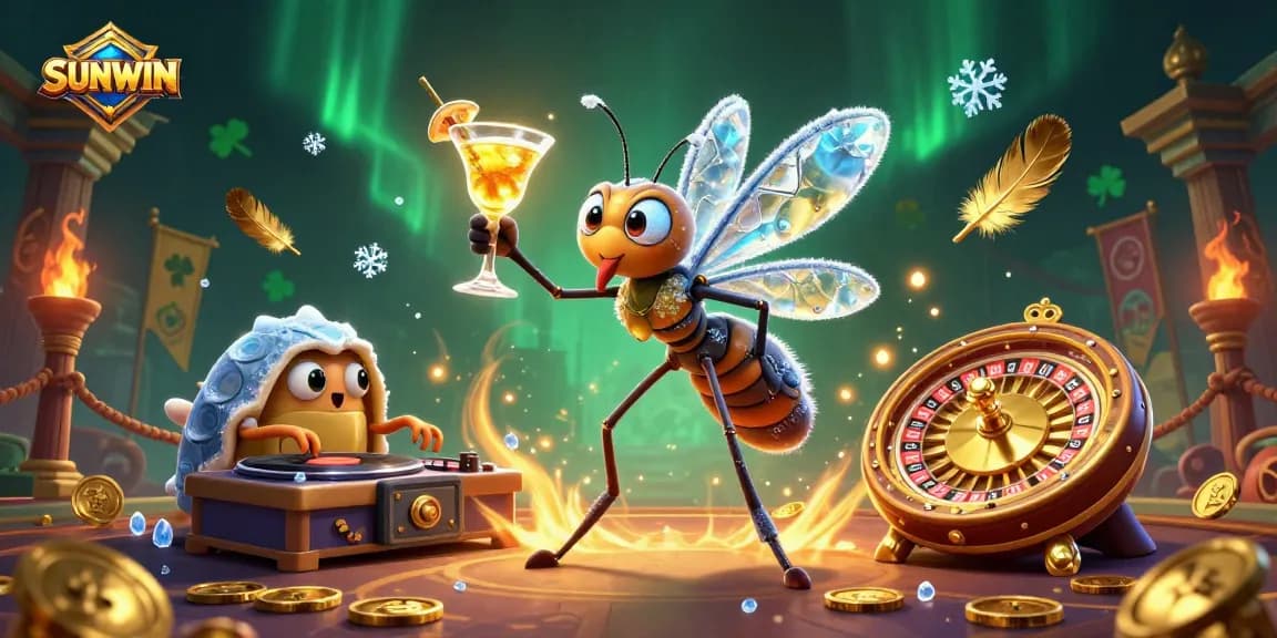 SUNWIN brings excitement with a lively casino scene featuring a mascot and dynamic characters.