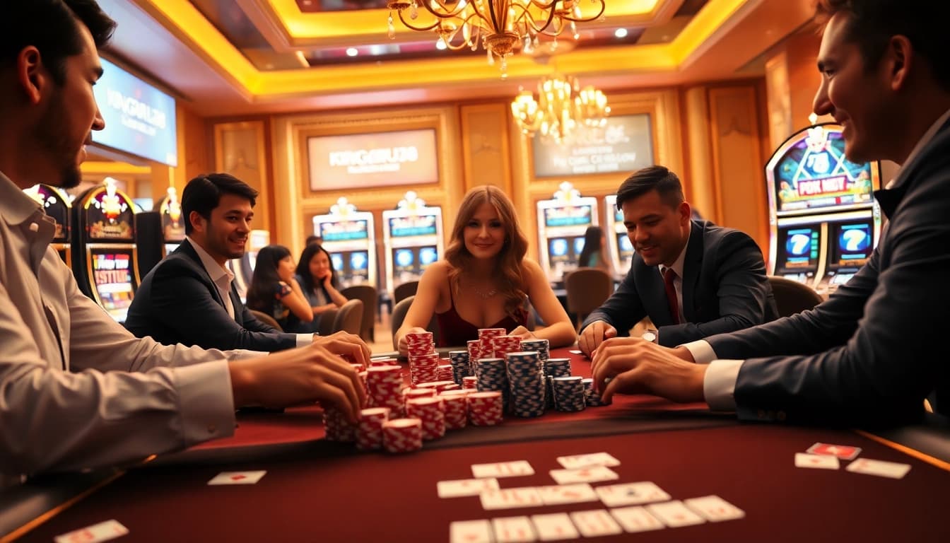 Engaged players enjoying a luxurious casino experience at kinggaruda138 with poker chips and slot machines.