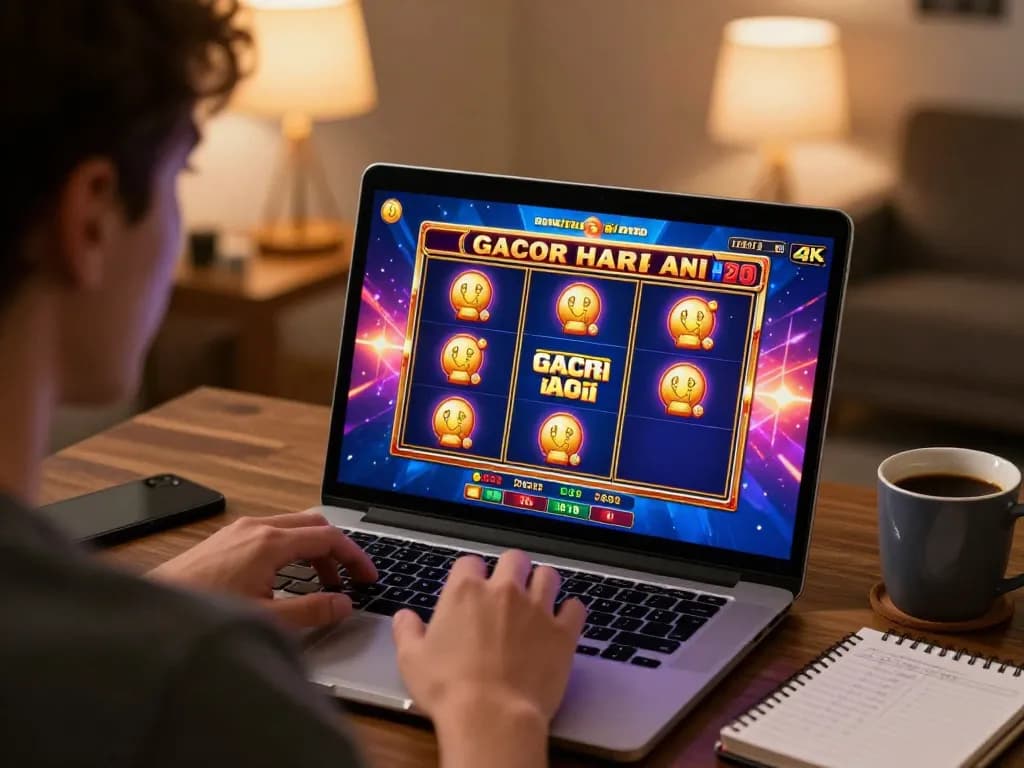 Engaging slot gacor hari ini game on laptop screen in a cozy home setting, showcasing excitement of online gambling.