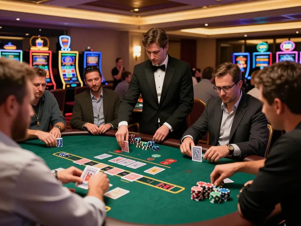 Players analyzing cards during an intense blackjack game at webtransportdeal casino, showcasing strategic gameplay.