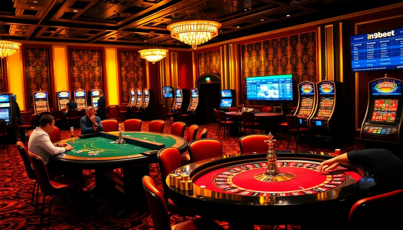 Players enjoying a high-stakes game at i9bet's luxurious casino, showcasing excitement and professional charm.