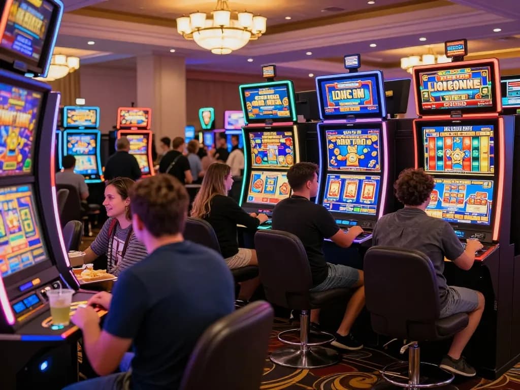 Suasana kasino yang menarik menampilkan pemain berinteraksi dengan mesin link slot yang cerah di tengah cahaya neon dan sorak-sorai kerumunan.