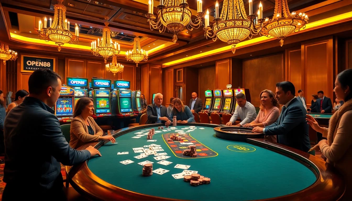 OPEN88 players betting at a luxurious casino table with lively gameplay.