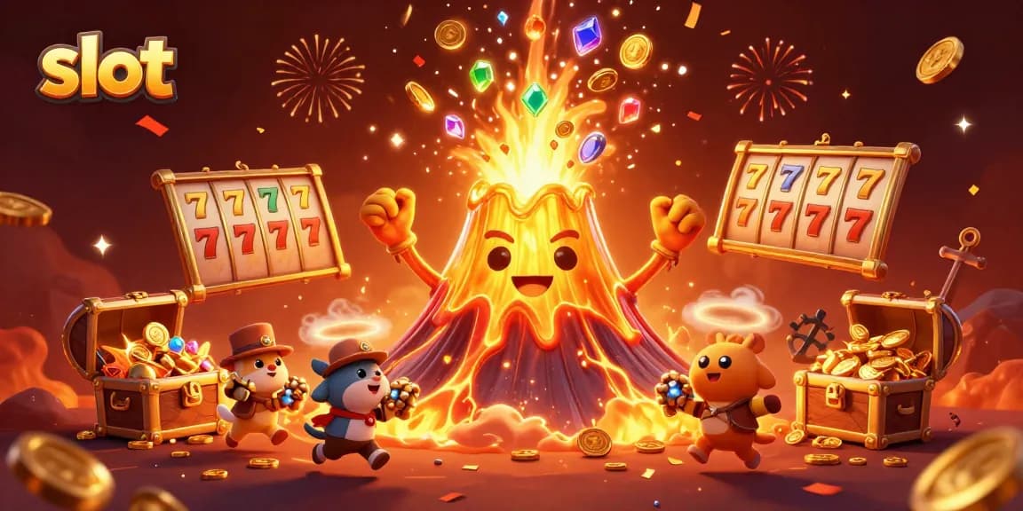 Spin and win at slots with dazzling visuals of golden volcano and riches all around