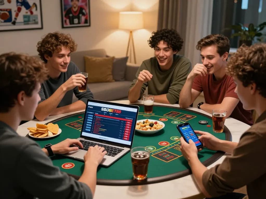 SBOBET88 betting excitement with friends discussing wagering strategies in a cozy living room.