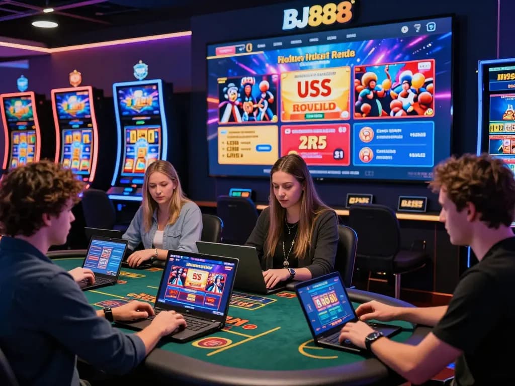Exciting BJ888 online gambling platform scene with diverse players engaging in various casino activities.