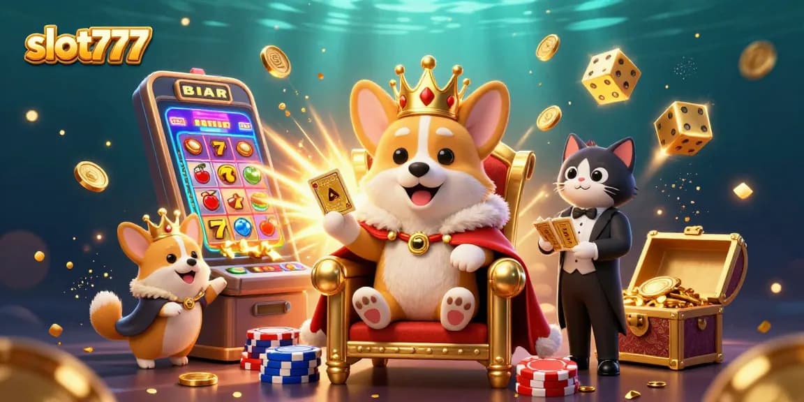 Experience thrill with slot777 in this dynamic 3D casino scene featuring dazzling wins and royal characters.
