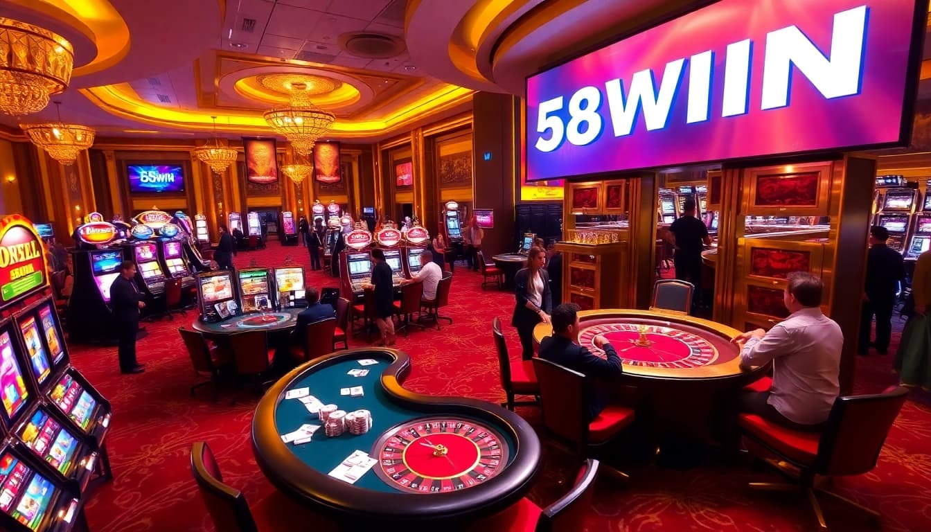 Experience the vibrant gaming world of 58WIN with engaging slot machines and poker tables.
