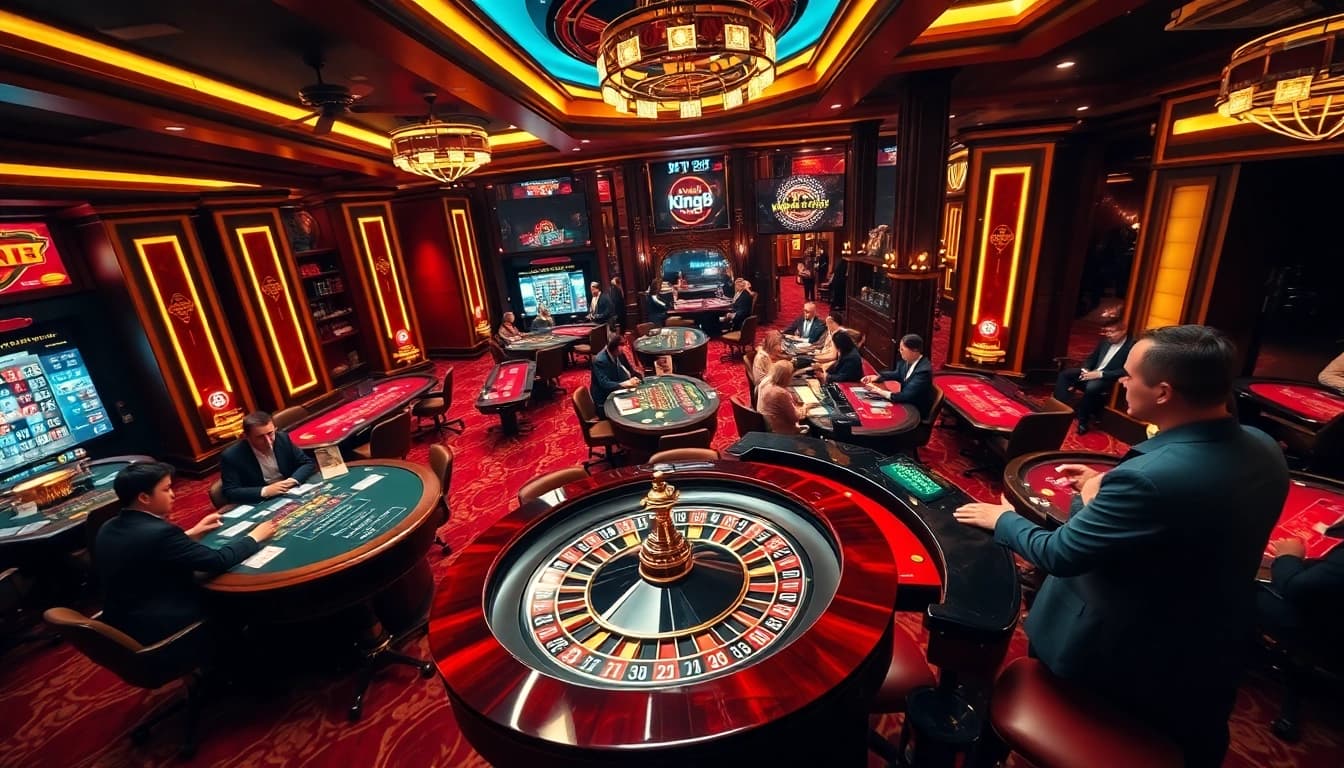 Experience the thrill of Nhà cái king88 with vibrant casino tables and engaged players in action.
