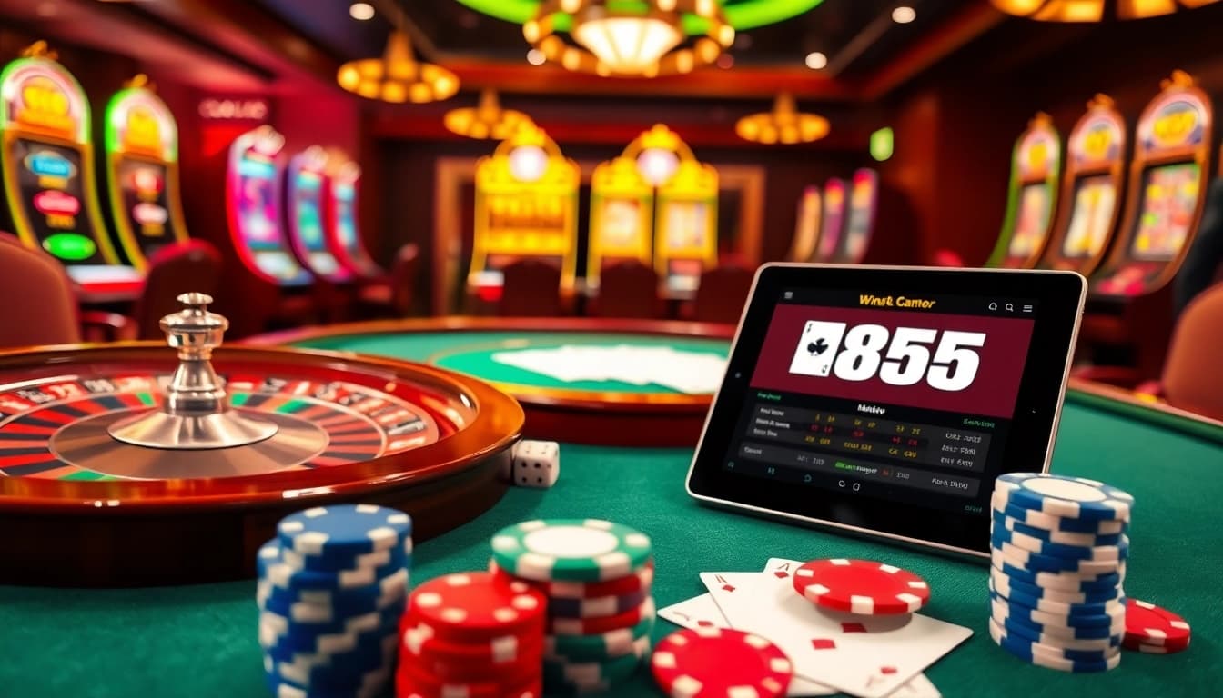 Experience thrilling gameplay at nhà cái win55 with high-stakes poker chips and a spinning roulette wheel.