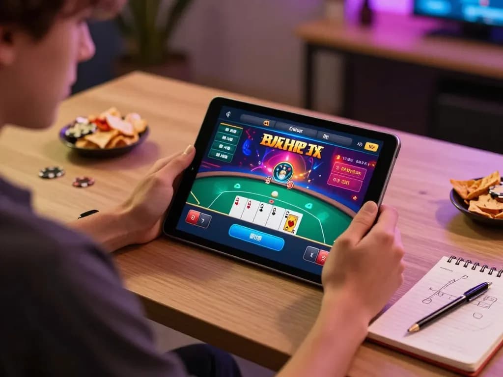Engaged player using tablet for 3WIN online poker, showcasing vibrant graphics and cozy atmosphere.