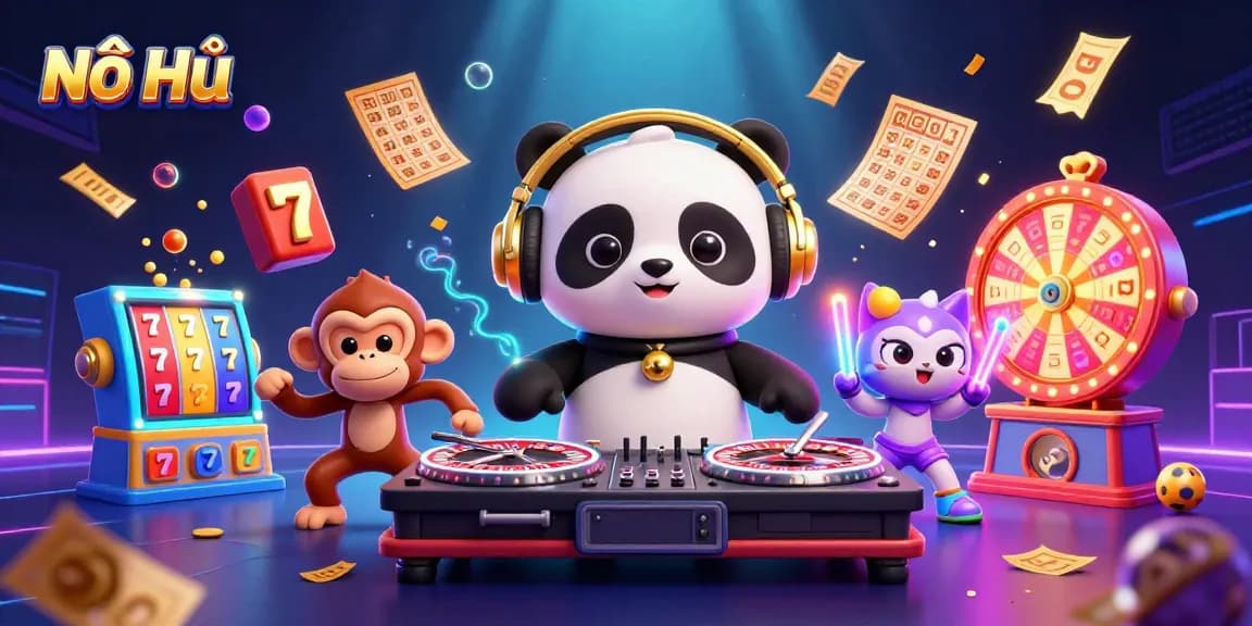 Experience excitement with Nổ Hũ as the DJ panda spins reels while winning tickets and confetti rain down in this 3D illustration.