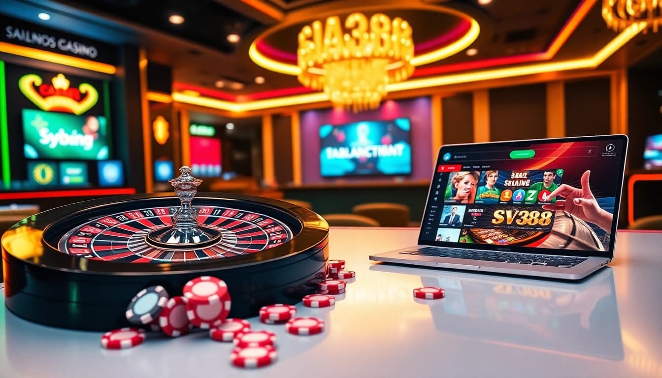 Experience thrilling online gambling with SV388's vibrant poker chips and roulette wheel.