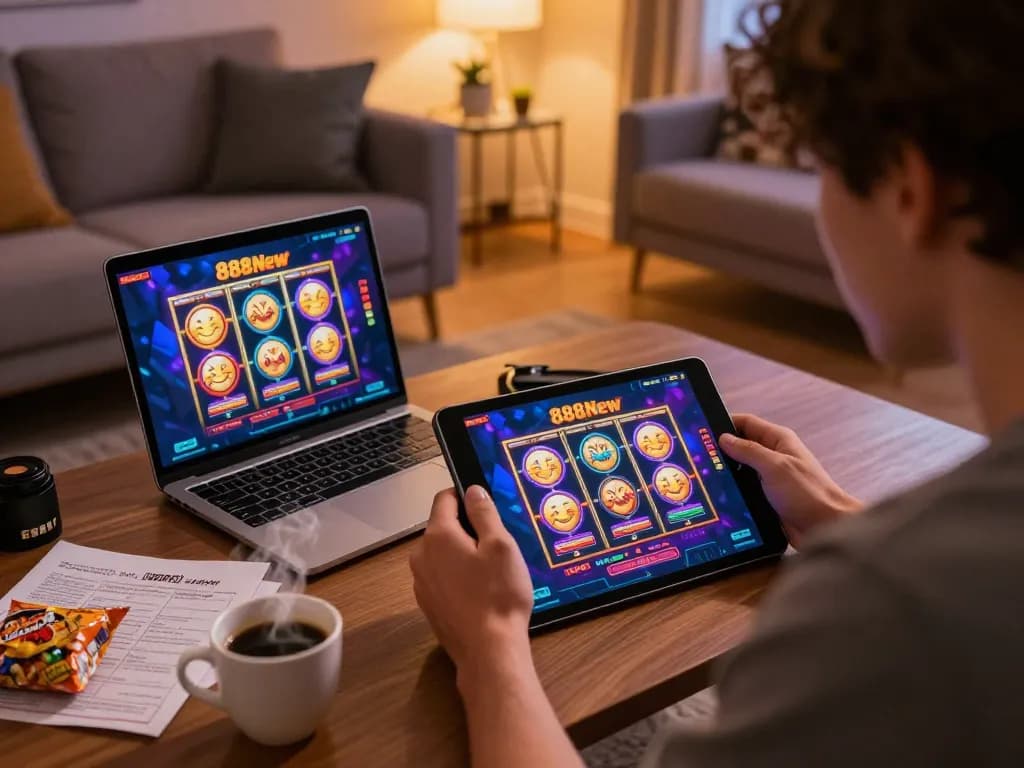 Engaged player using the 888New casino app on tablet in a cozy room.