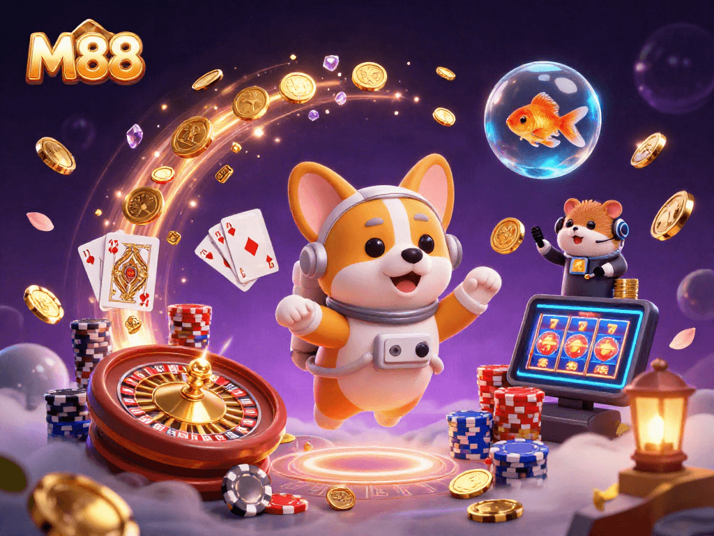M88 casino scene with a floating astronaut corgi and colorful game elements in a cosmic backdrop.
