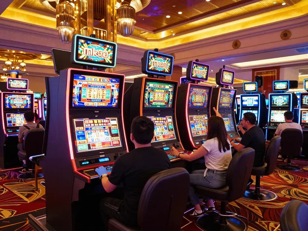 Players celebrating wins at colorful nk88 slots, capturing excitement of casino rewards.