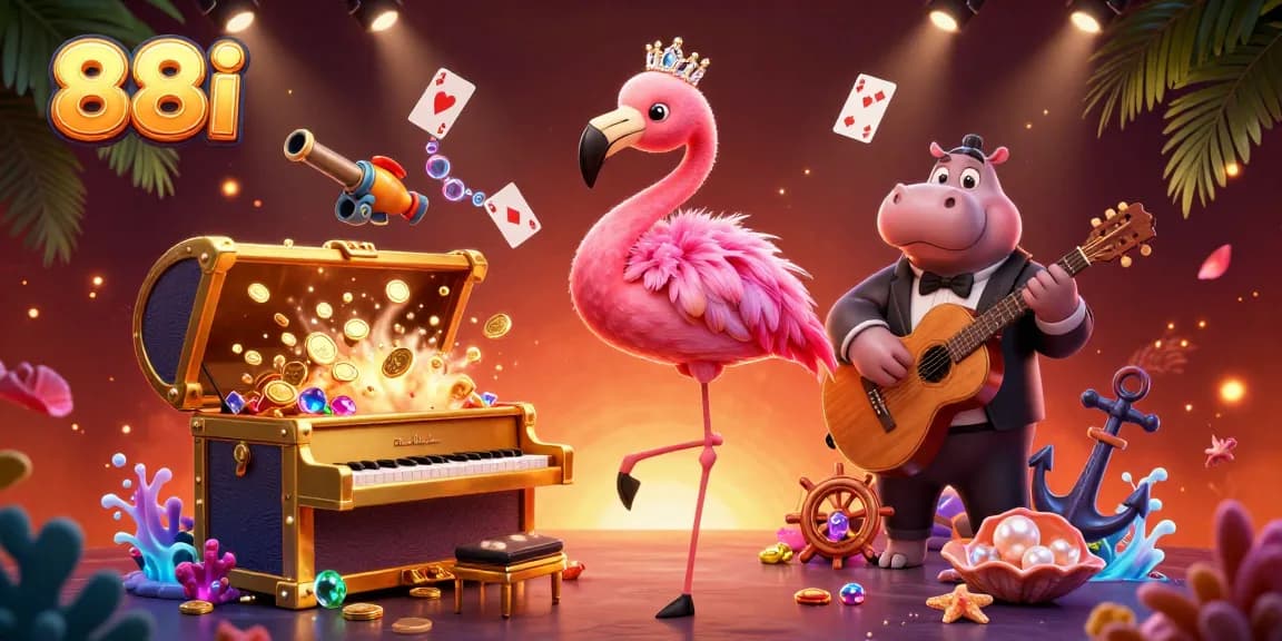 Experience exciting games at 88i with vibrant scenes of playful casino characters and rich treasures.