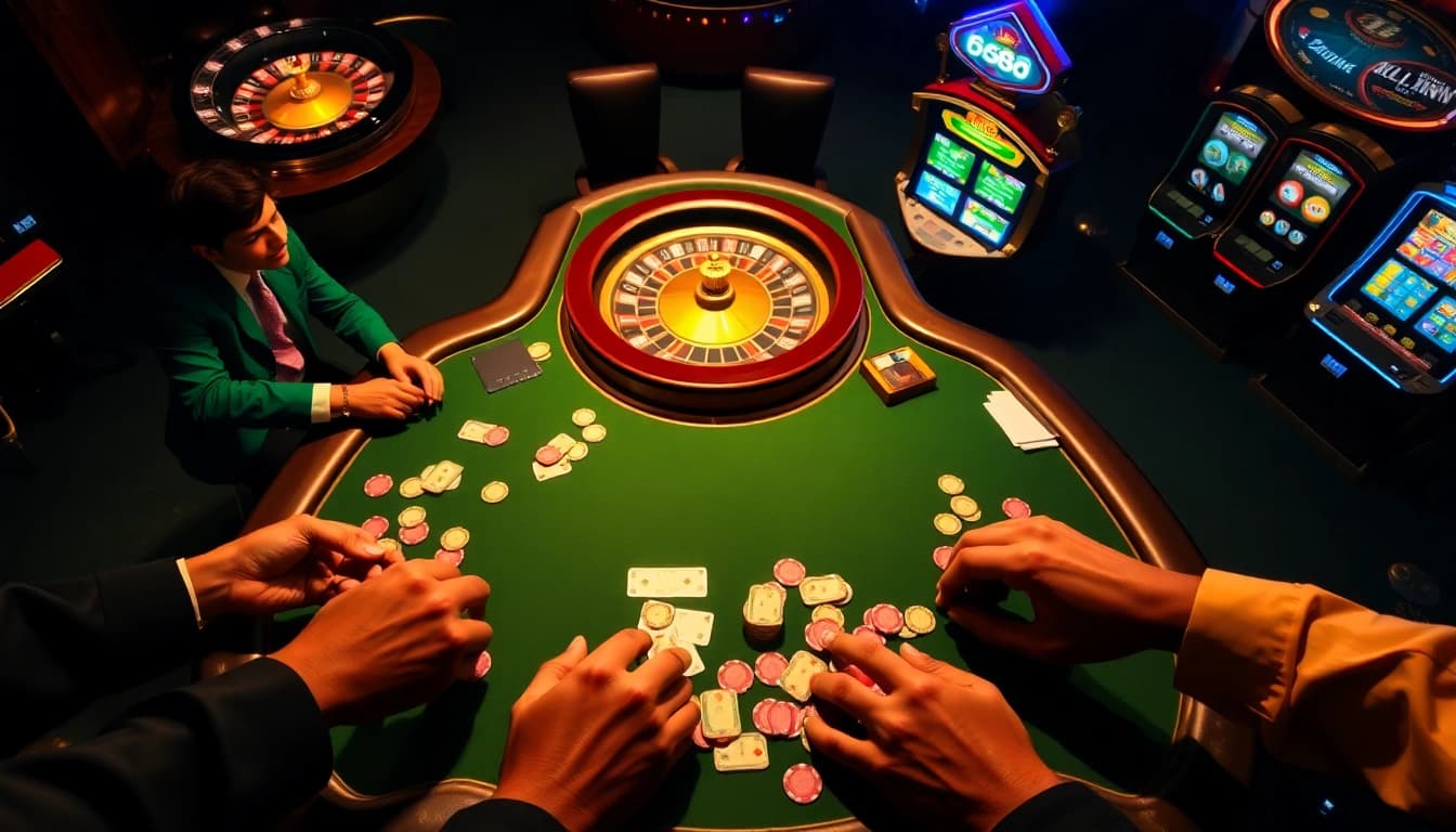 Players placing bets at the hb88 poker table with vibrant chips and cards.