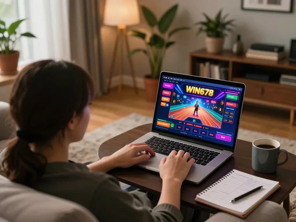 WIN678 online casino gaming scene with player engaging on laptop amidst cozy home setting