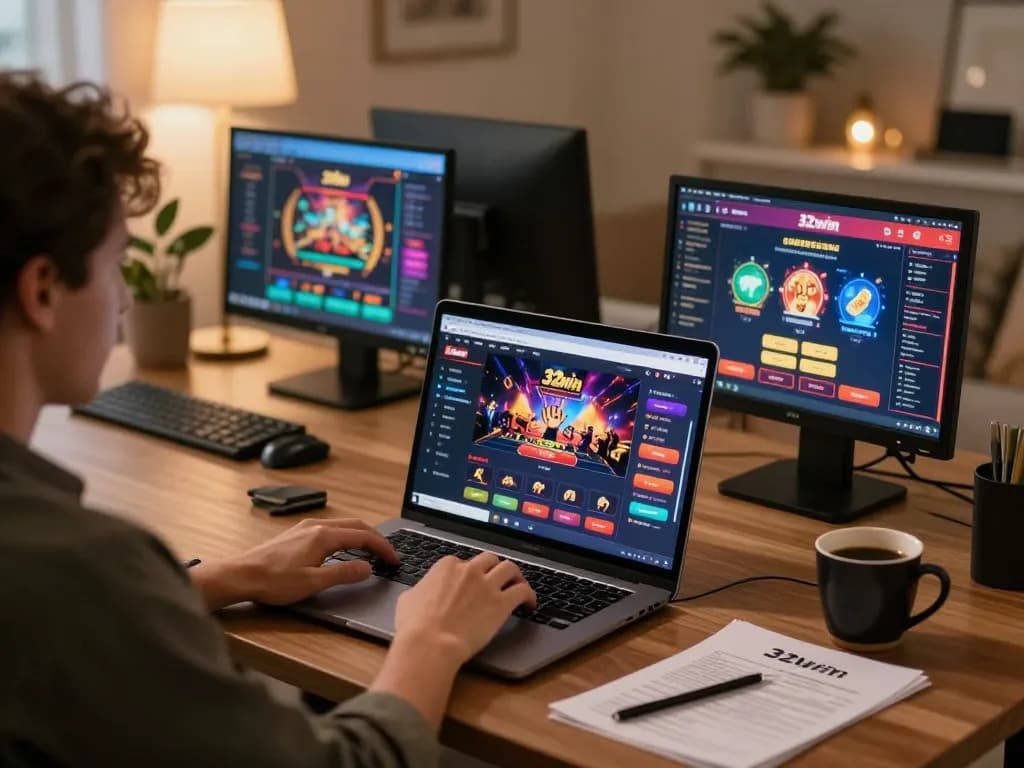 Engaging gaming session on 32win platform with laptop and strategy notes.