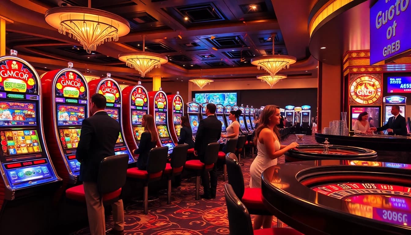 Players enjoying thrilling Slot Gacor machines with vibrant graphics, capturing the excitement of winning.