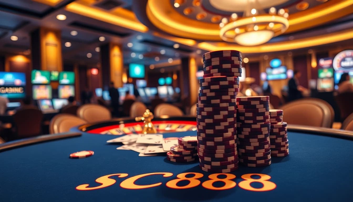 SC88 poker table with luxurious chips and cards, highlighting exciting gambling action.